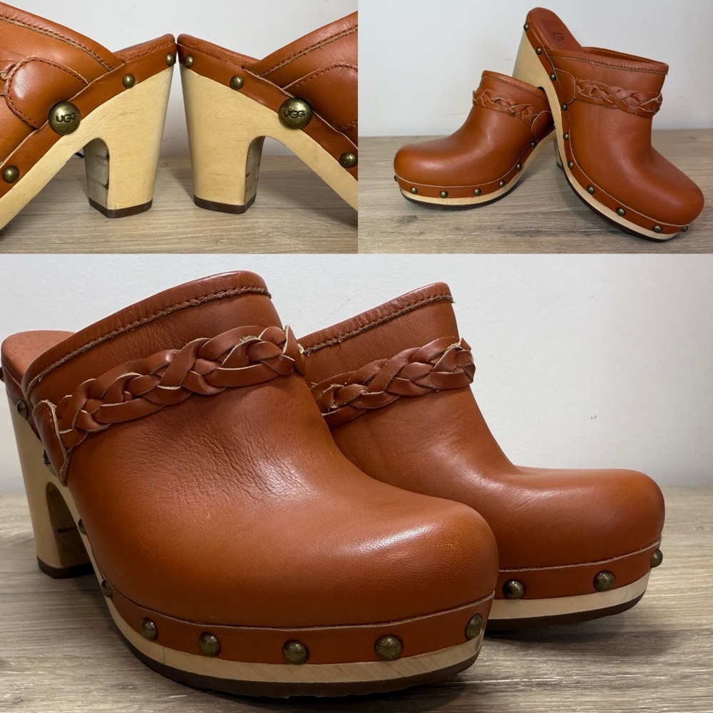 Ugg Kaylee Caramel Leather Platform Clogs Size 6